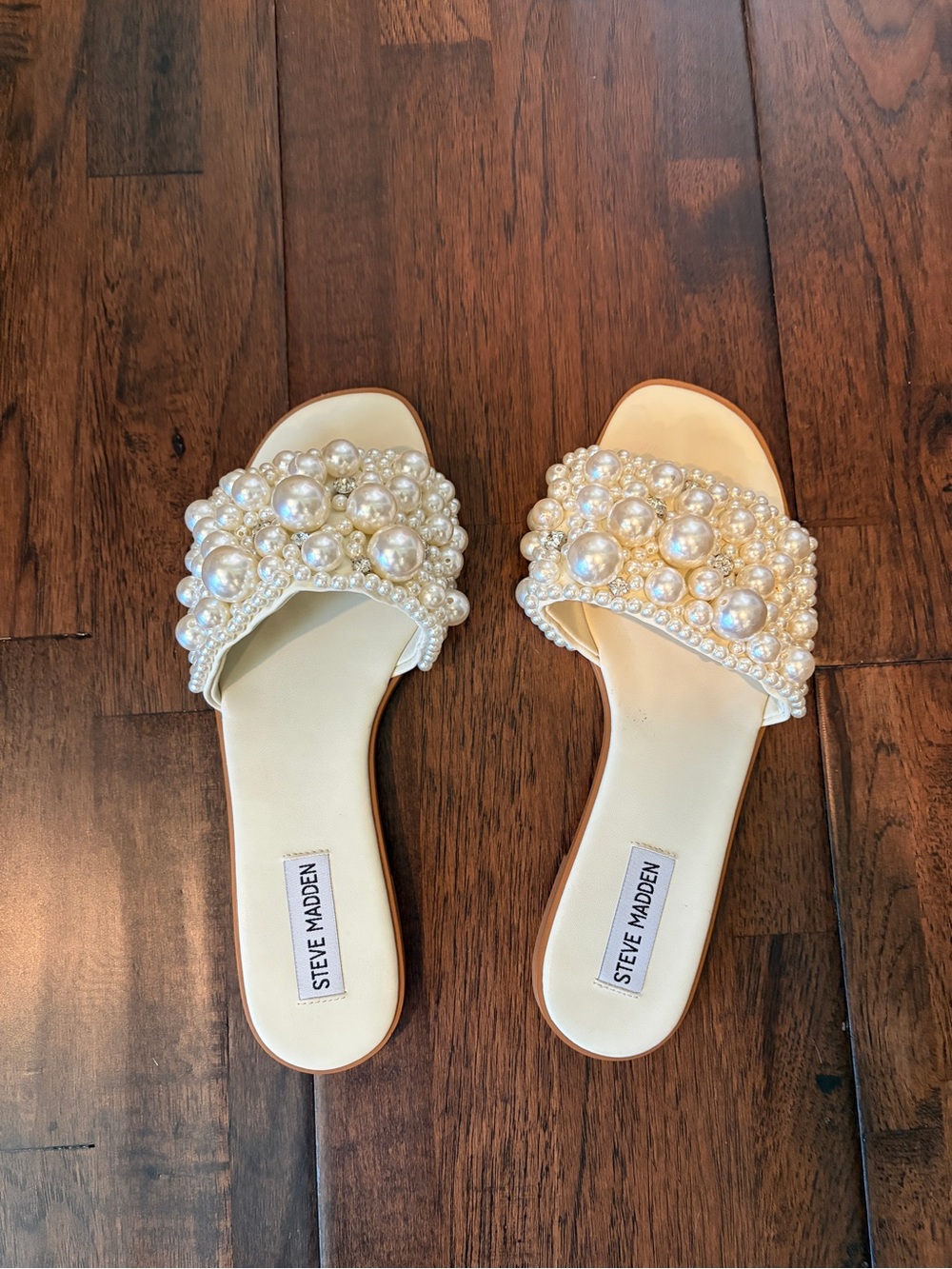 Steve Madden Pearl-Embellished Cream Slide Sandals